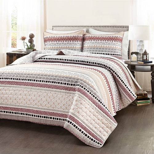 King Lightweight Red Purple Black Tan Desert Stripe Reversible 3 Piece Quilt Set - Free Shipping