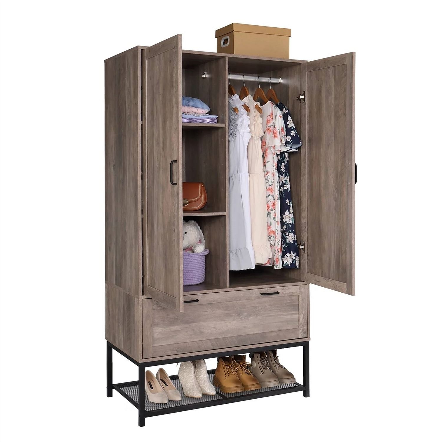 Modern 2-Door Bedroom Wardrobe Cabinet Armoire Shoe Rack in Retro Grey Finish - Free Shipping