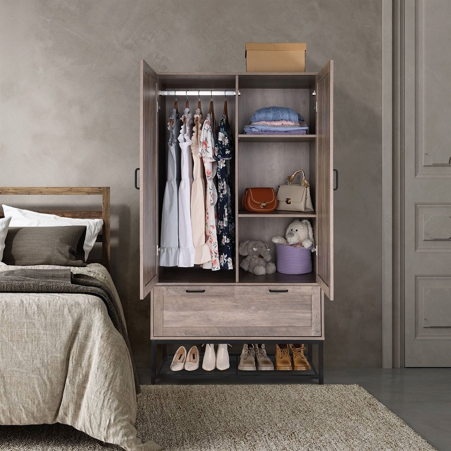 Modern 2-Door Bedroom Wardrobe Cabinet Armoire Shoe Rack in Retro Grey Finish - Free Shipping