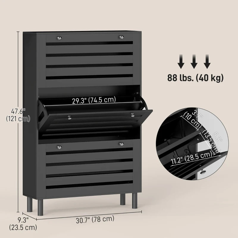 Narrow Shoe Storage Cabinet, 3 Flip Drawers, Adjustable Shelves, 18-24 Pairs Capacity, Black
