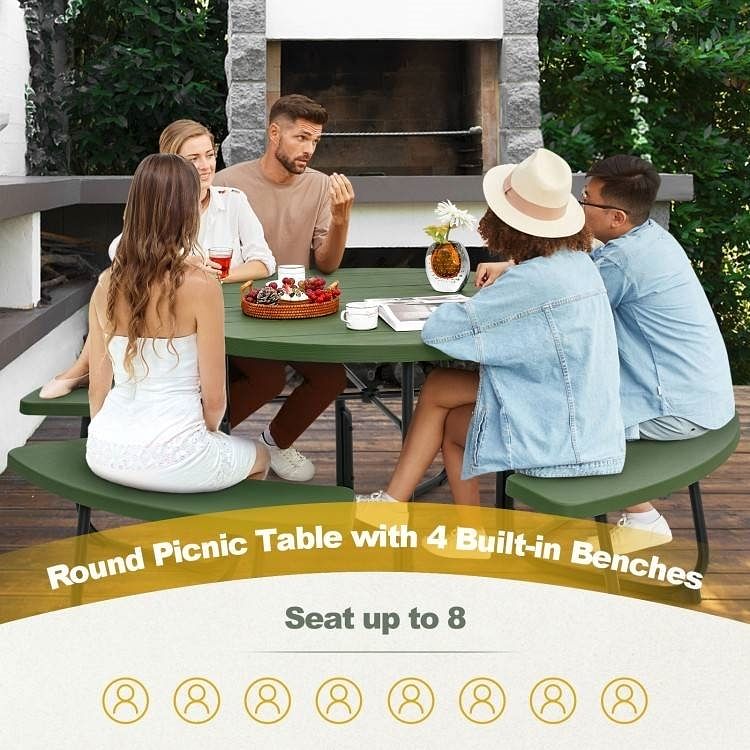 Green All Weather 8 Seater Picnic Table with Umbrella Hole - Free Shipping