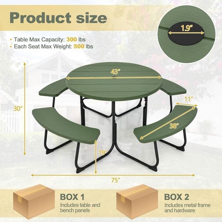 Green All Weather 8 Seater Picnic Table with Umbrella Hole - Free Shipping