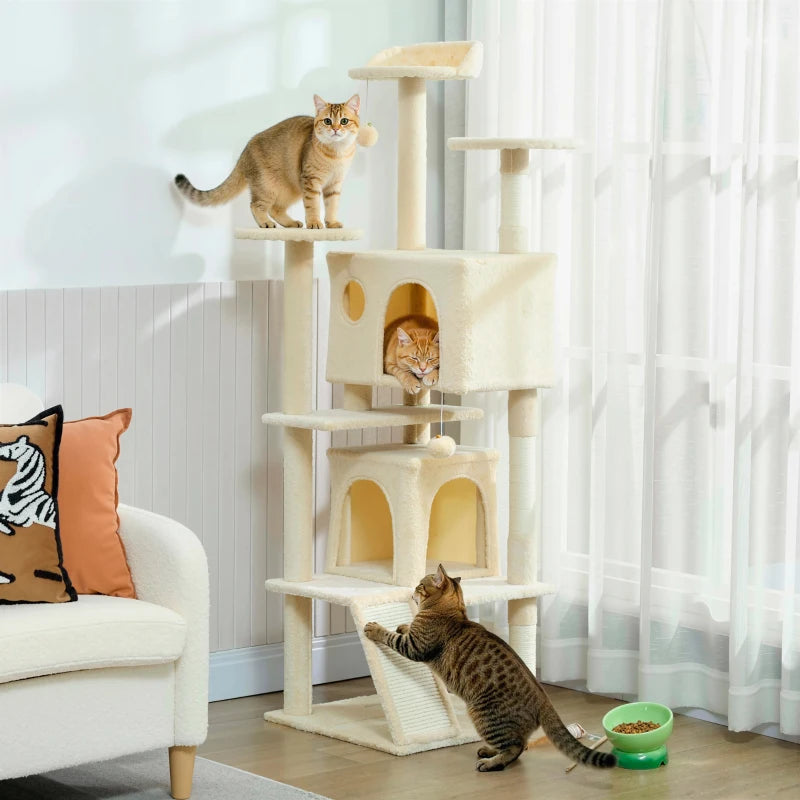 63" Cat Tree, Multi-Level Cat Tower with Scratching Posts, Cat Condos, Bed, Platforms, Ramp, Toy Ball, Cream White