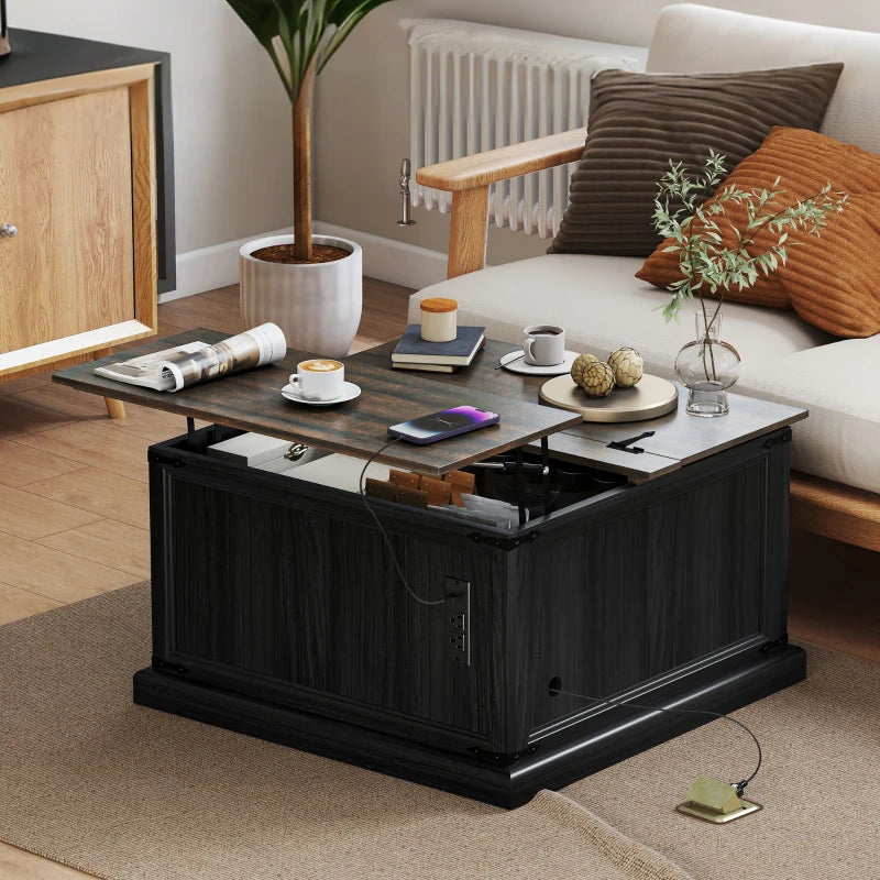 Lift Top Coffee Table with Charging Station, Square Farmhouse Center Table with Hidden Storage, Black Wood Grain