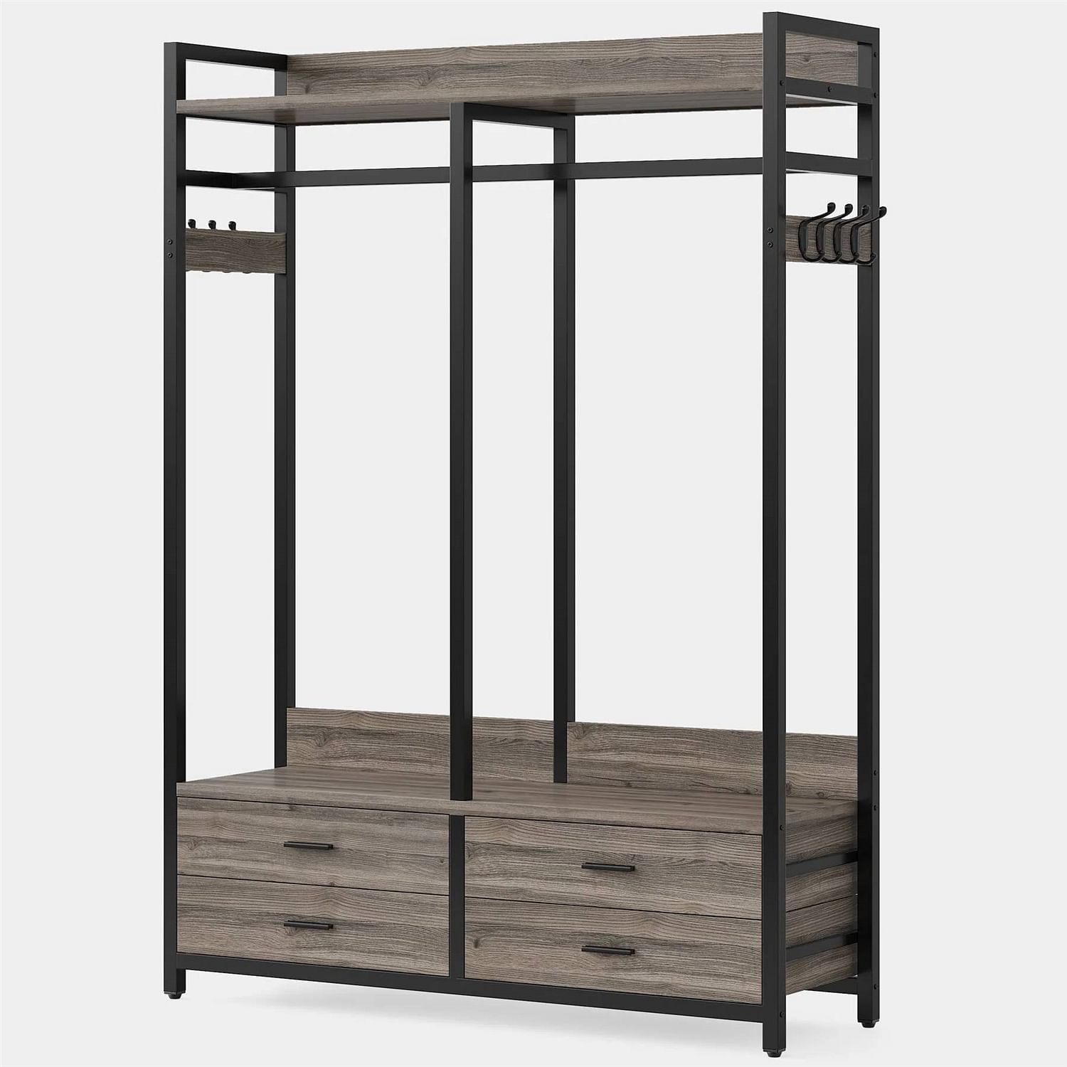 Modern Grey Black Garment Rack with Clothes Hanging Rod and 4 Storage Drawers - Free Shipping