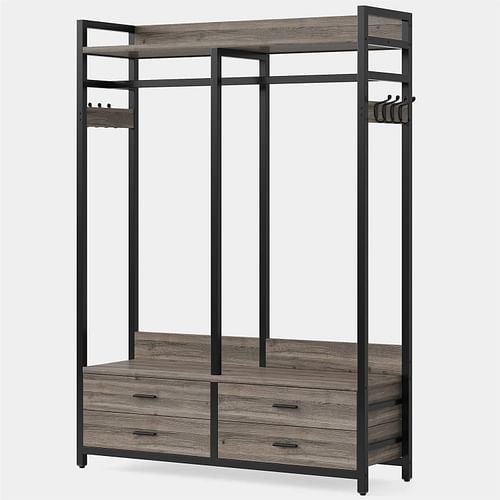 Modern Grey Black Garment Rack with Clothes Hanging Rod and 4 Storage Drawers - Free Shipping