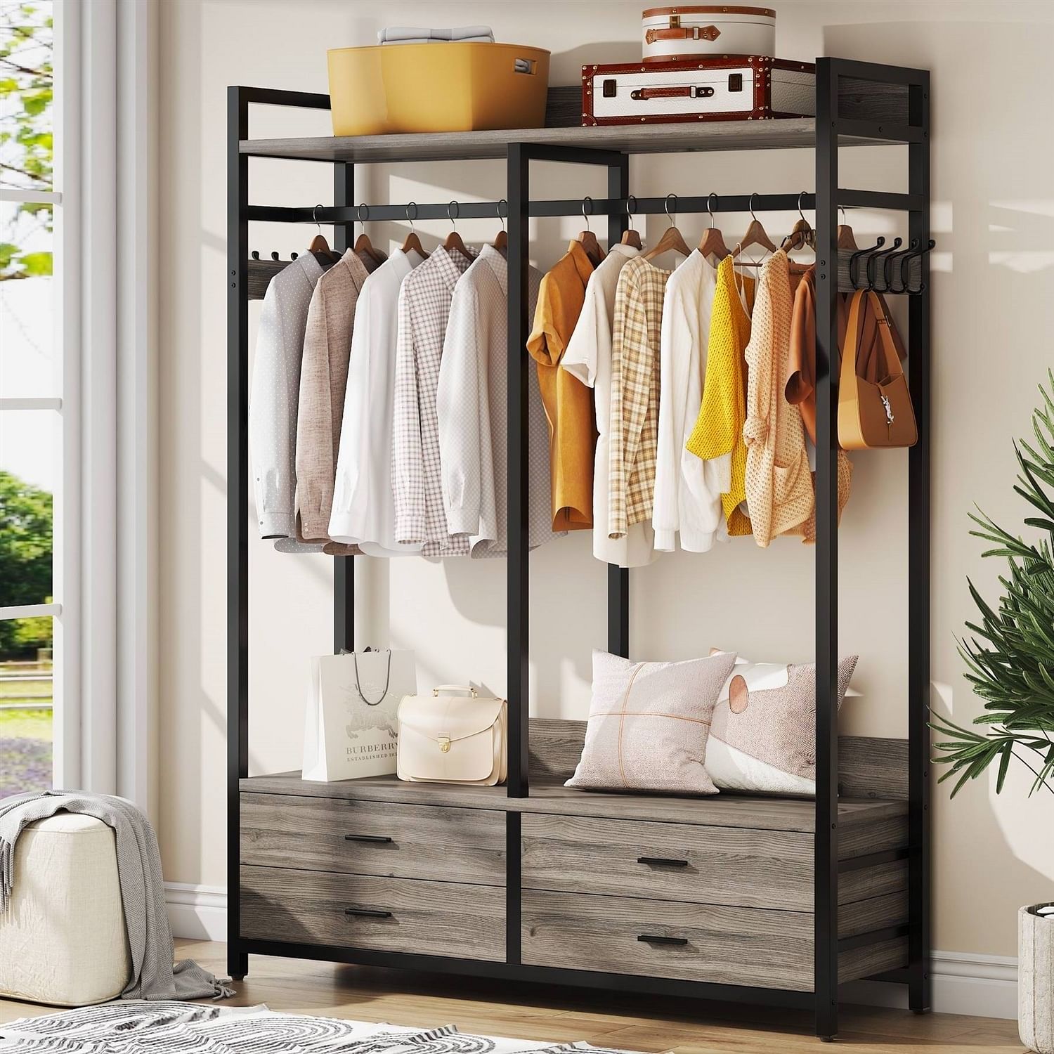 Modern Grey Black Garment Rack with Clothes Hanging Rod and 4 Storage Drawers - Free Shipping