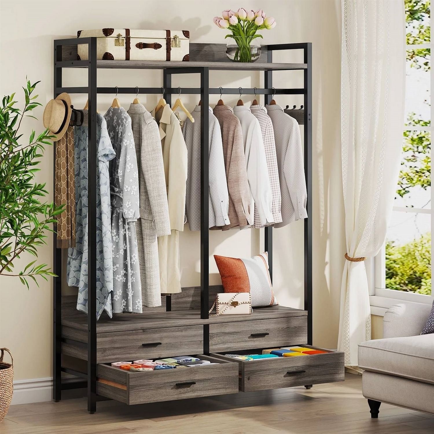 Modern Grey Black Garment Rack with Clothes Hanging Rod and 4 Storage Drawers - Free Shipping