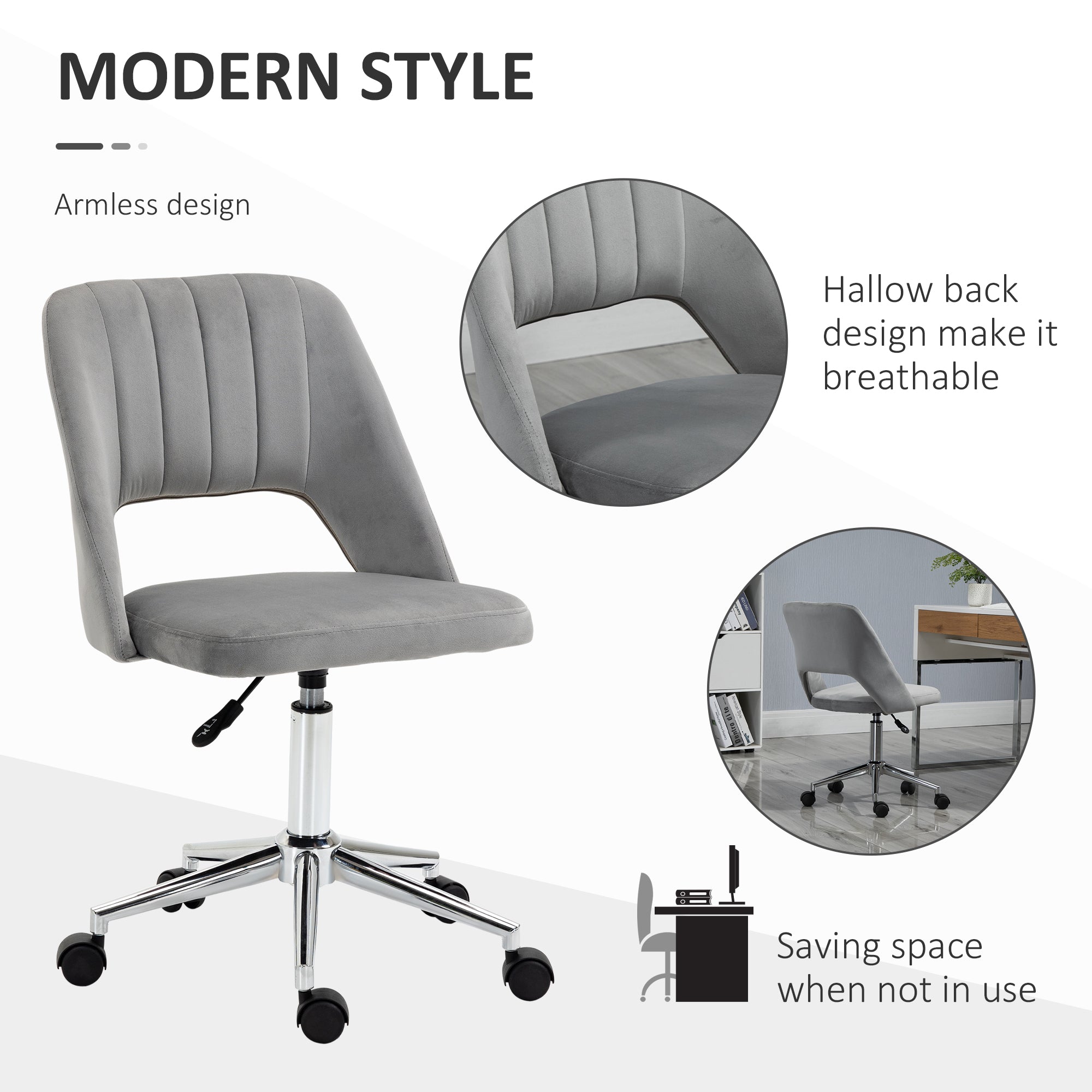 Vinsetto Ergonomic Swivel Chair: Plush Velvet Upholstery, Scalloped Backrest & 360° Mobility for Comfortable Computing, Grey