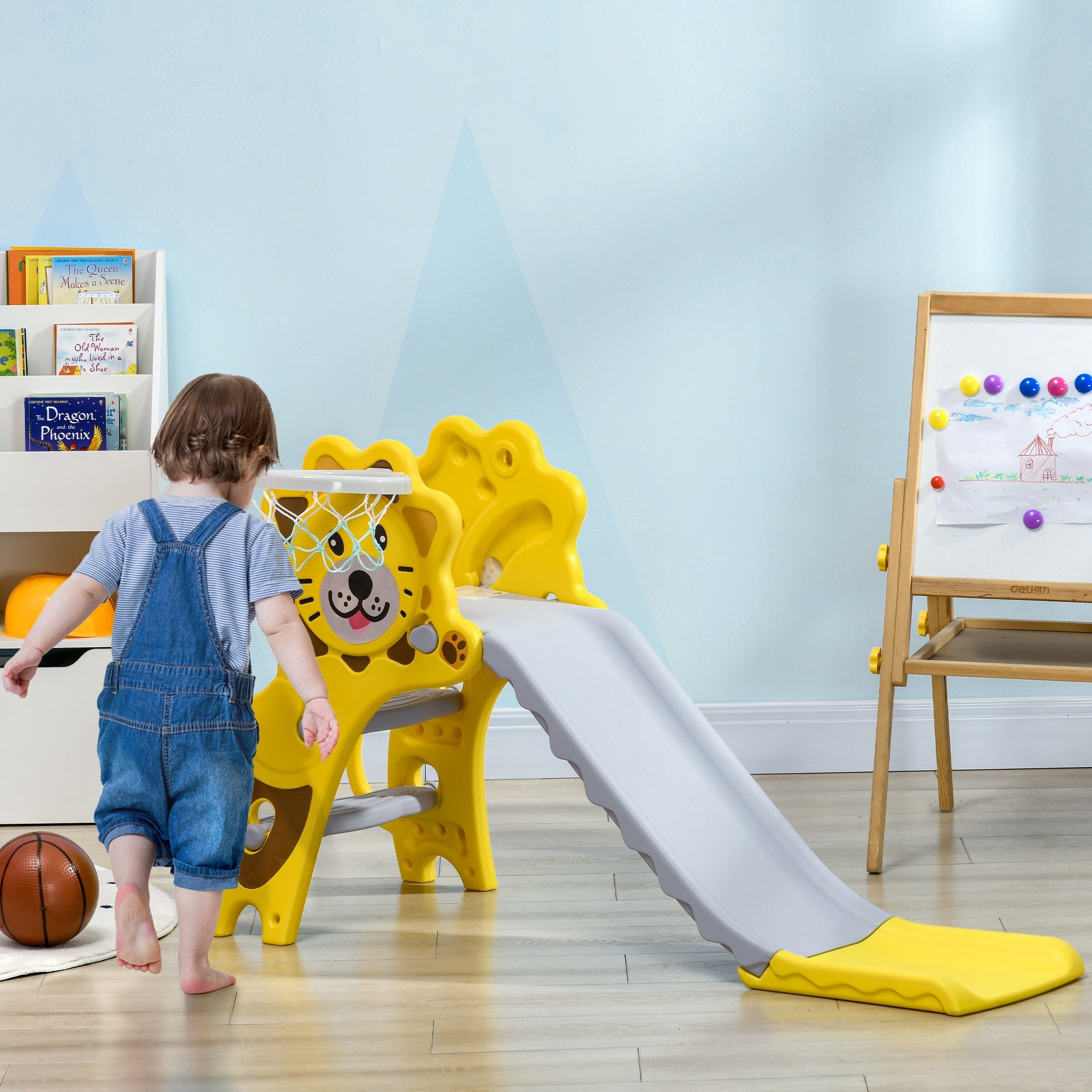 Qaba 2-in-1 Toddler Slide and Basketball Hoop Playset for Kids 18-36 Months Indoor Activity Yellow