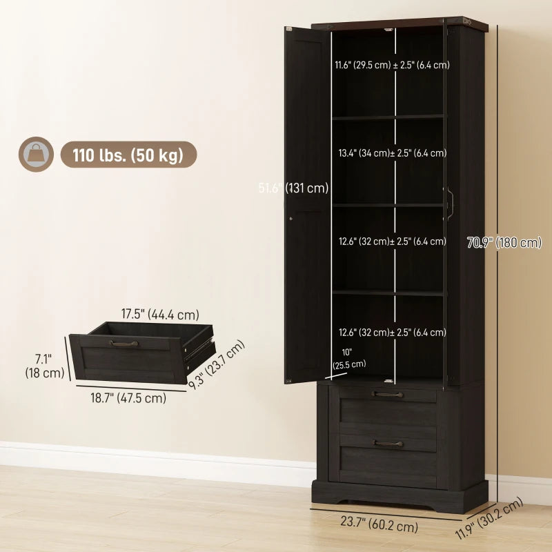 71" Tall Kitchen Pantry Cabinet, Farmhouse Kitchen Storage Cabinet with 2 Drawer and Adjustable Shelves, Black