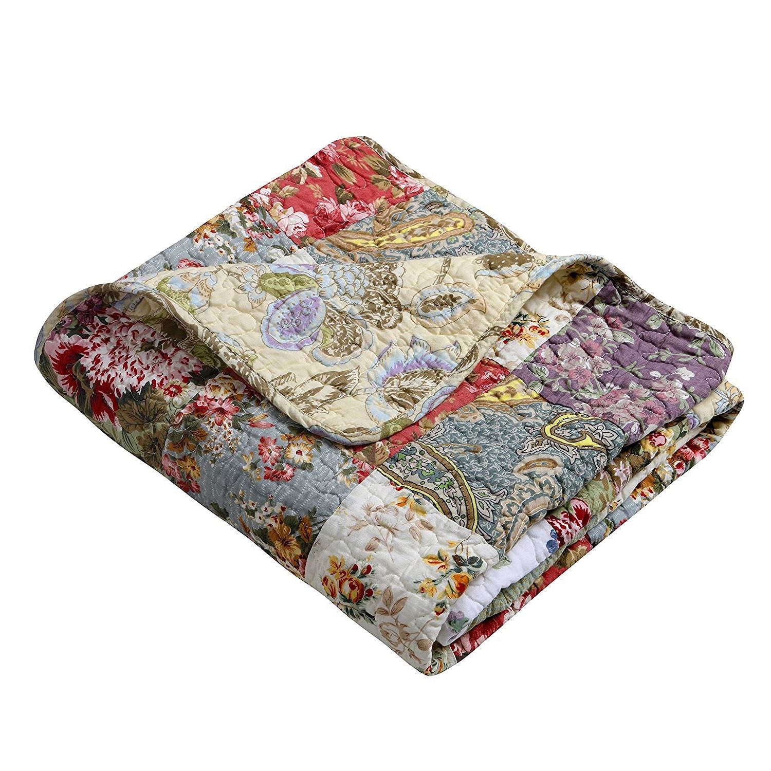 Red Green Blue Purple Yellow White 100-Percent Cotton Floral Patchwork Quilt Throw Blanket - Free Shipping