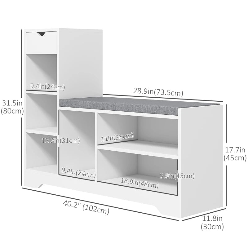 Upholstered Shoe Storage Bench w/ Seat, Entrance Bench w/ Drawer and 6 Open Shelves for Hallway, White