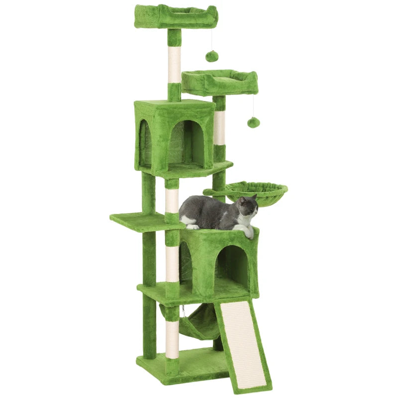 Cat Tree, 70" Multi-Level Cat Tower with 2 Condos, 2 Perches, Hammock, Toy Balls, Scratching Posts and Board, Green