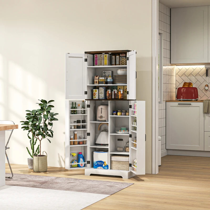64" Tall Kitchen Pantry Cabinet with Spice Racks and Adjustable Shelves, White