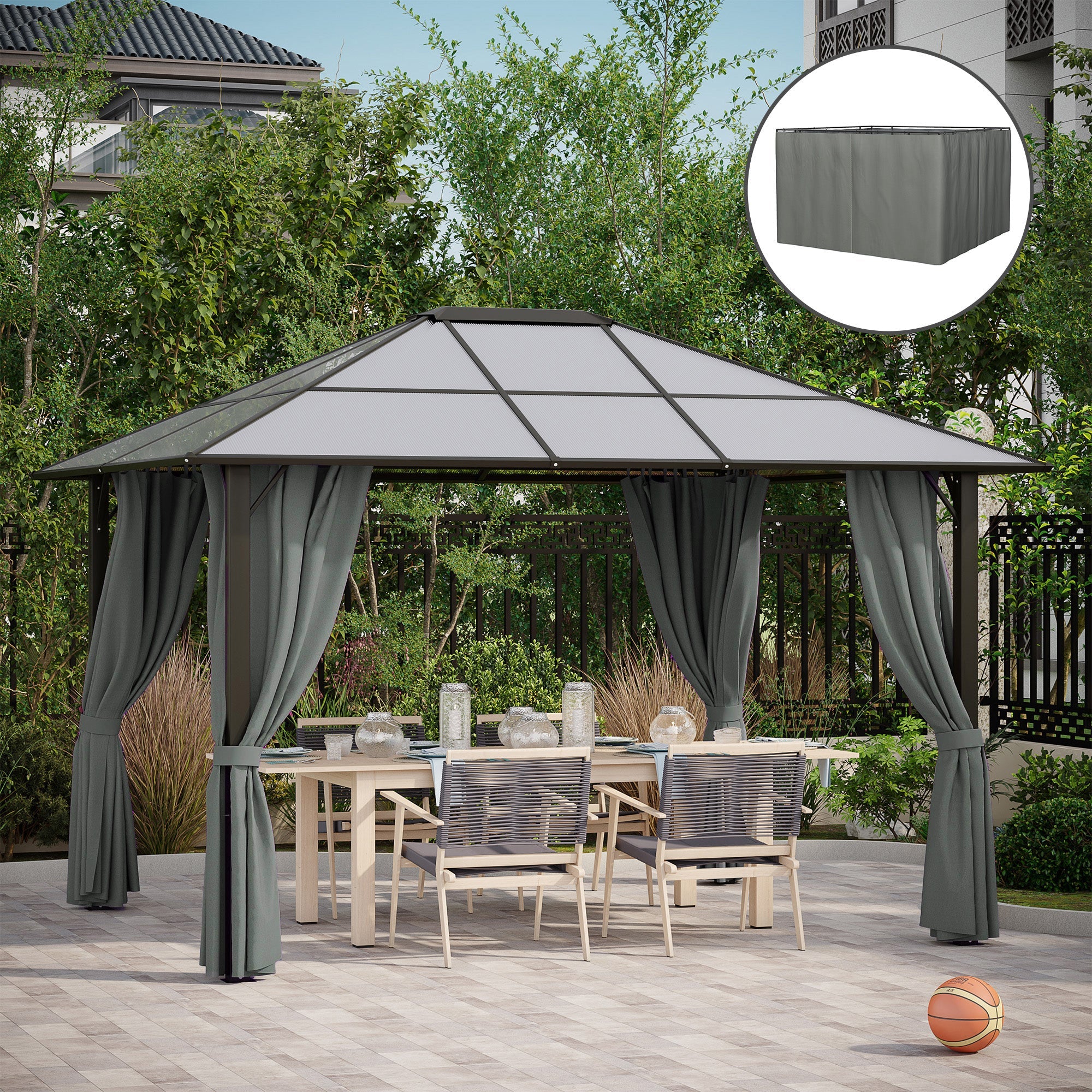 Outsunny Gazebo Curtain 10'x12' Sidewall Set 4 Panels with Hooks Dark Grey for Outdoor Shelter