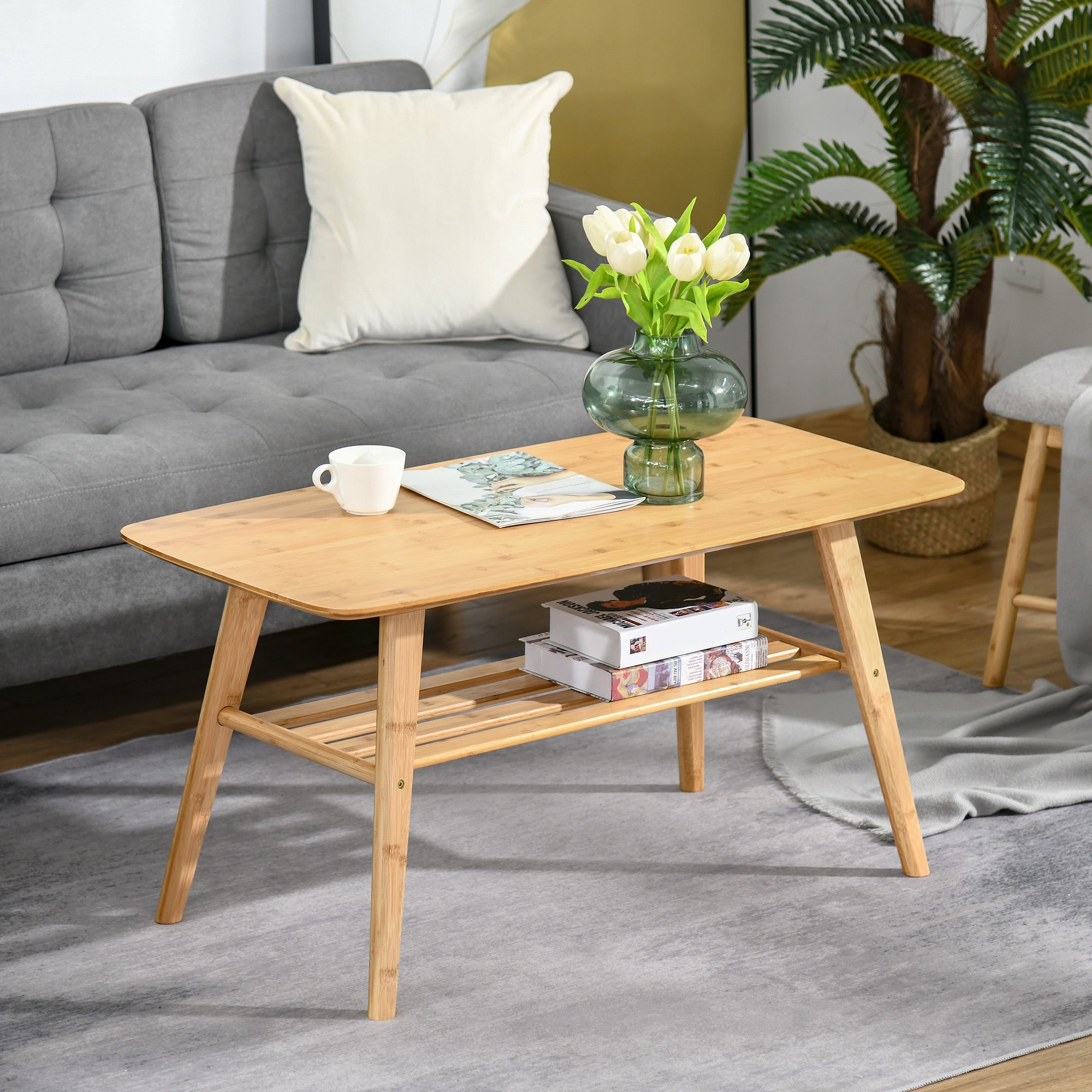 HOMCOM Bamboo 2-Tier Coffee Table: Rectangle Cocktail Table with Storage Shelf for Living Room