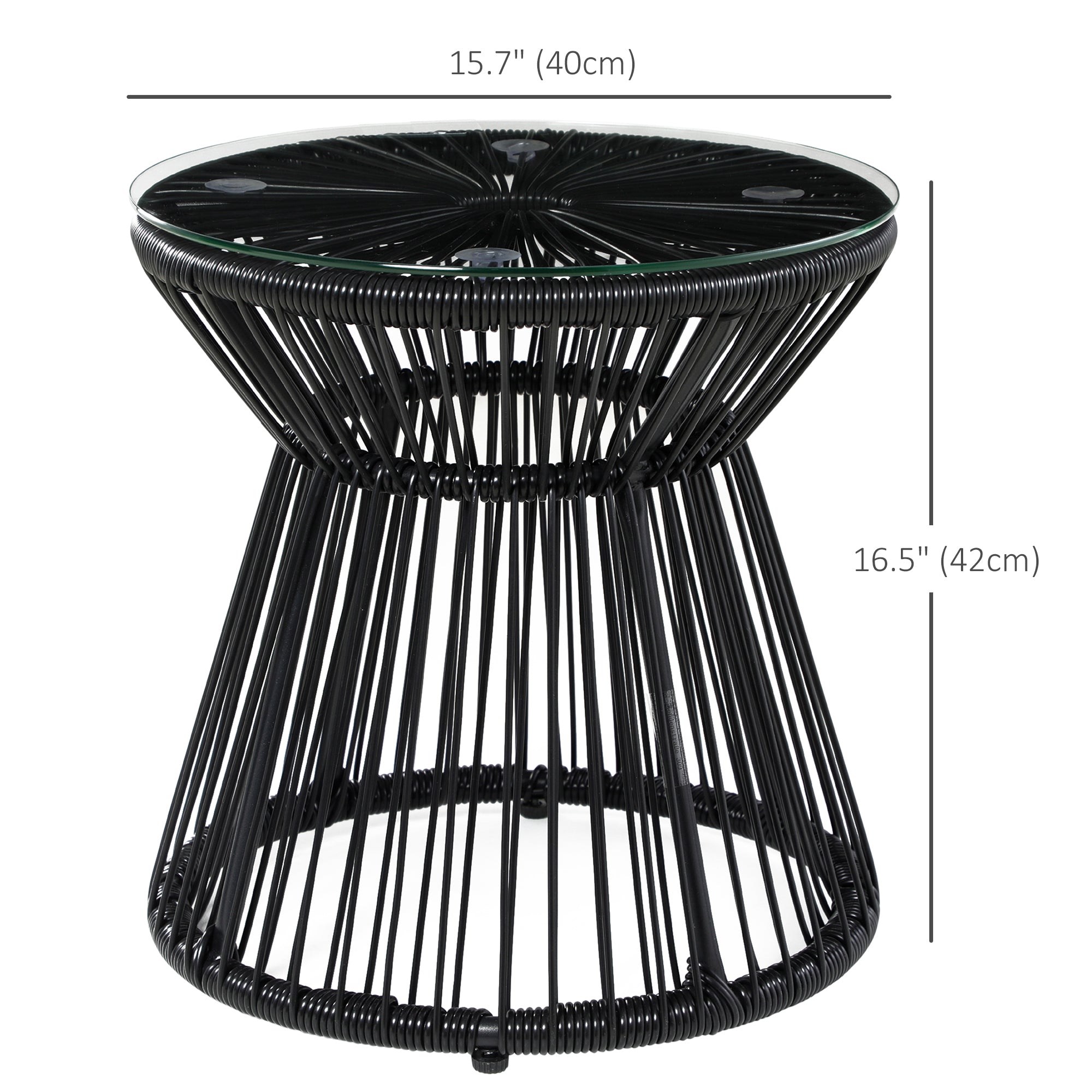 Outsunny Rattan Round End Table Modern Side Table with Glass Top, Hollow Drum Design for Patio, Garden, Balcony in Black