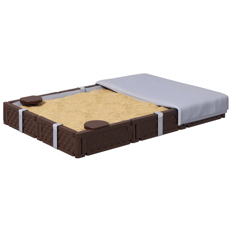 Qaba Kids Sandbox with Cover, 4 Corner Seats, Bottom Liner for Backyard, Garden, Outdoor, 73" x 47" x 9", Dark Brown