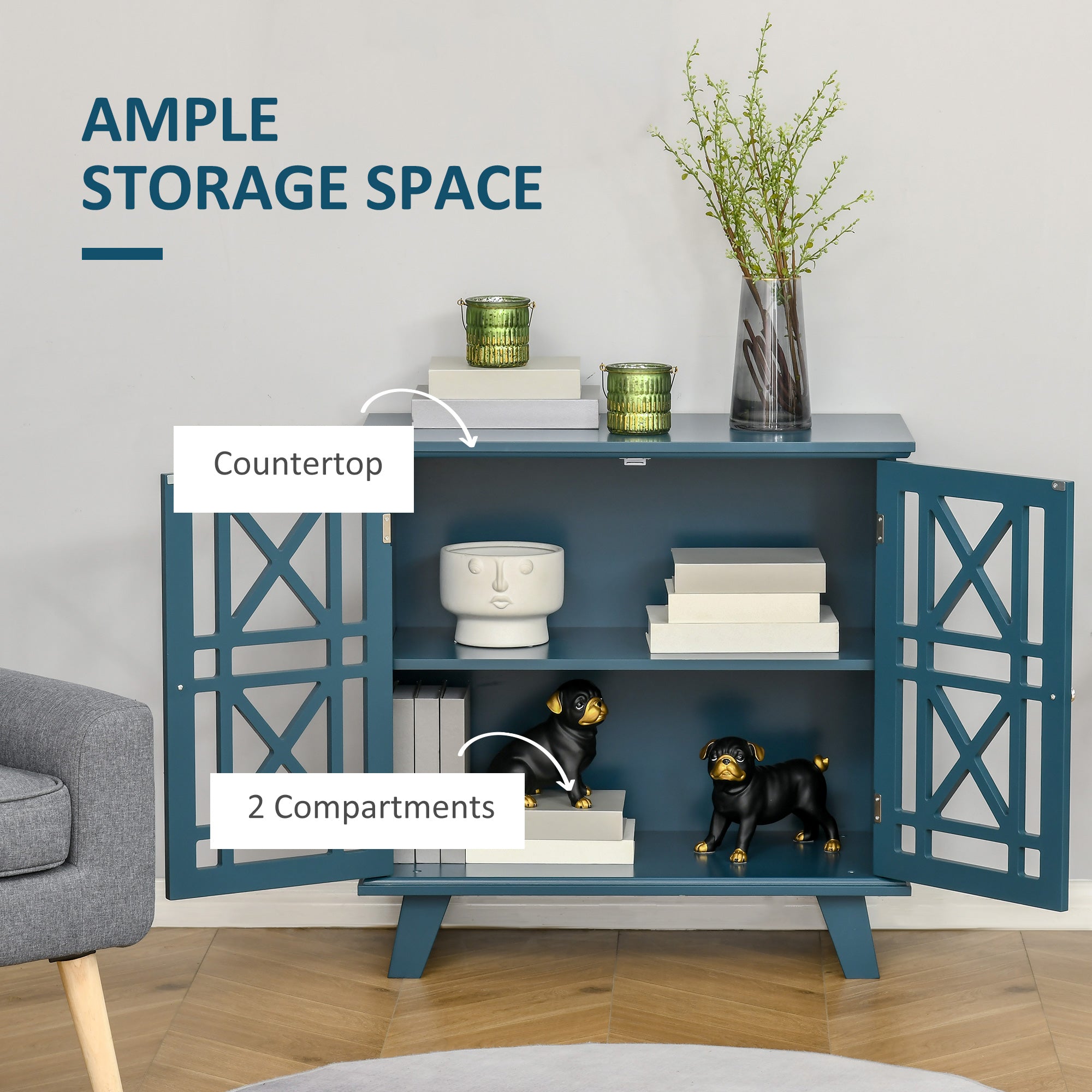 HOMCOM Modern Blue Cabinet: Fretwork Doors, Shelf, Freestanding Sideboard Buffet for Dining, Living Room Decor