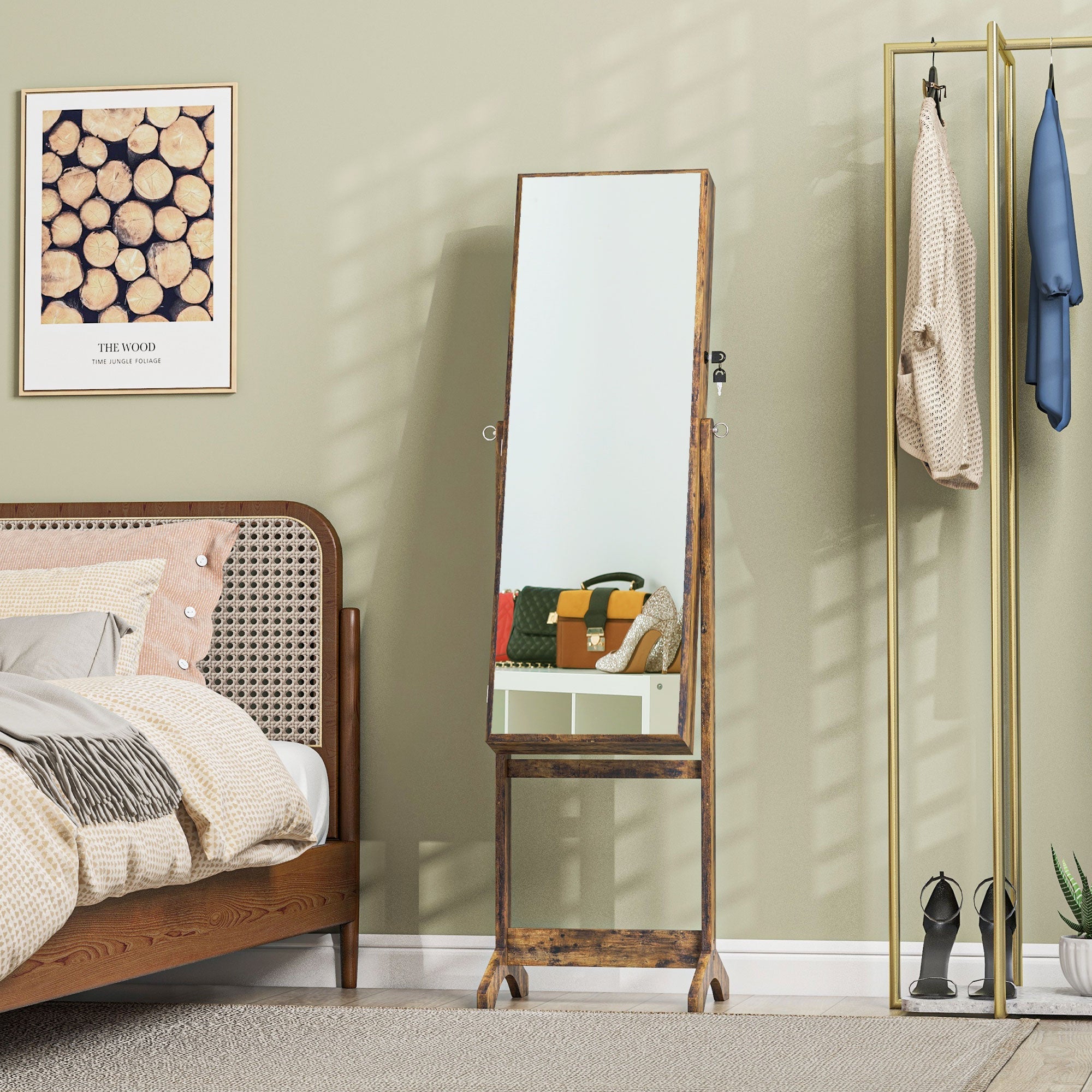 HOMCOM Lockable Jewelry Armoire Full Length Mirror 3 Angle Adjustments Wooden Storage Cabinet Rustic Brown