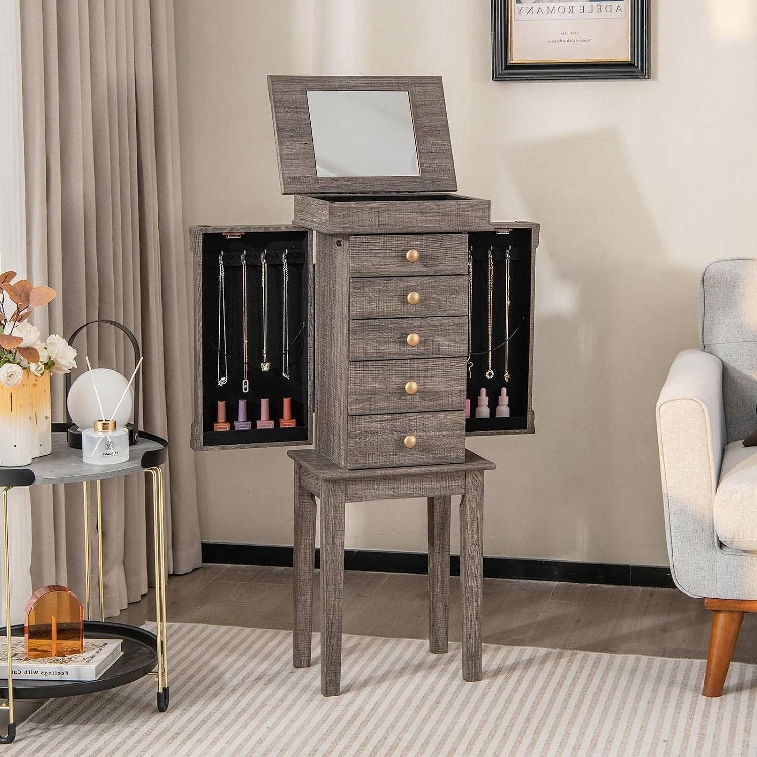 5-Drawer Jewelry Armoire Cabinet with Top Mirror in Grey Wood Finish - Free Shipping