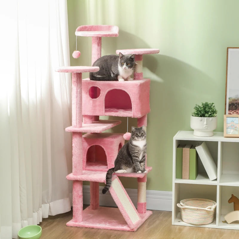 54" Cat Tree, Multi-Level Cat Tower with Scratching Posts, Cat Condos, Bed, Platforms, Ramp, Toy Ball, Pink