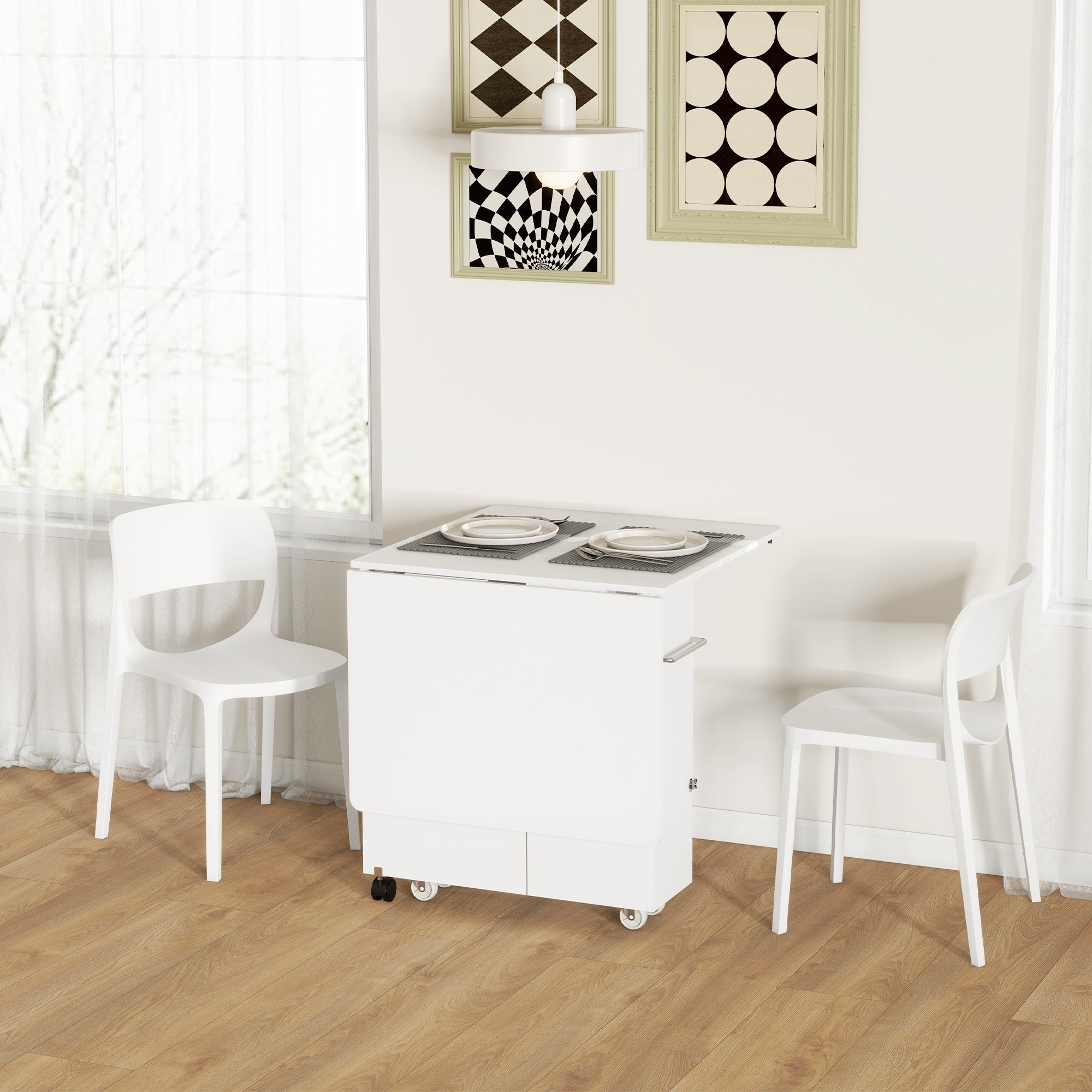 HOMCOM Folding Dining Table with Storage, Drop Leaf Kitchen Table on Wheels with Box, Shelves and Towel Racks, White