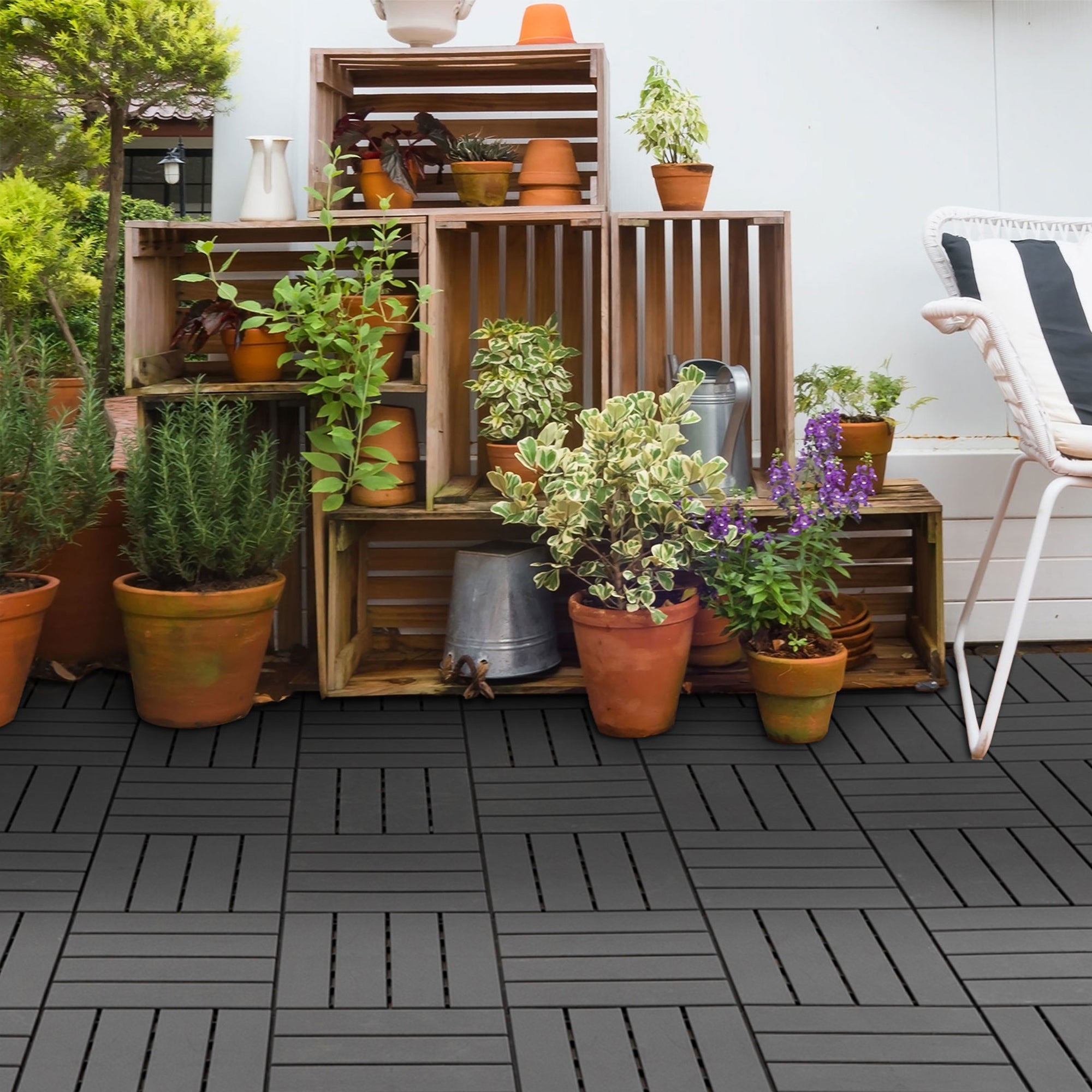 Outsunny 9 Pcs PP Interlocking Composite Deck Tile, 12" x 12" Outdoor Flooring Tiles for Indoor and Outdoor Use, Black