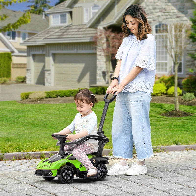 Aosom 3 in 1 Ride on Push Car for Toddlers, Licensed Kids Sliding Car with Safety Protection Footrest Horn, Green