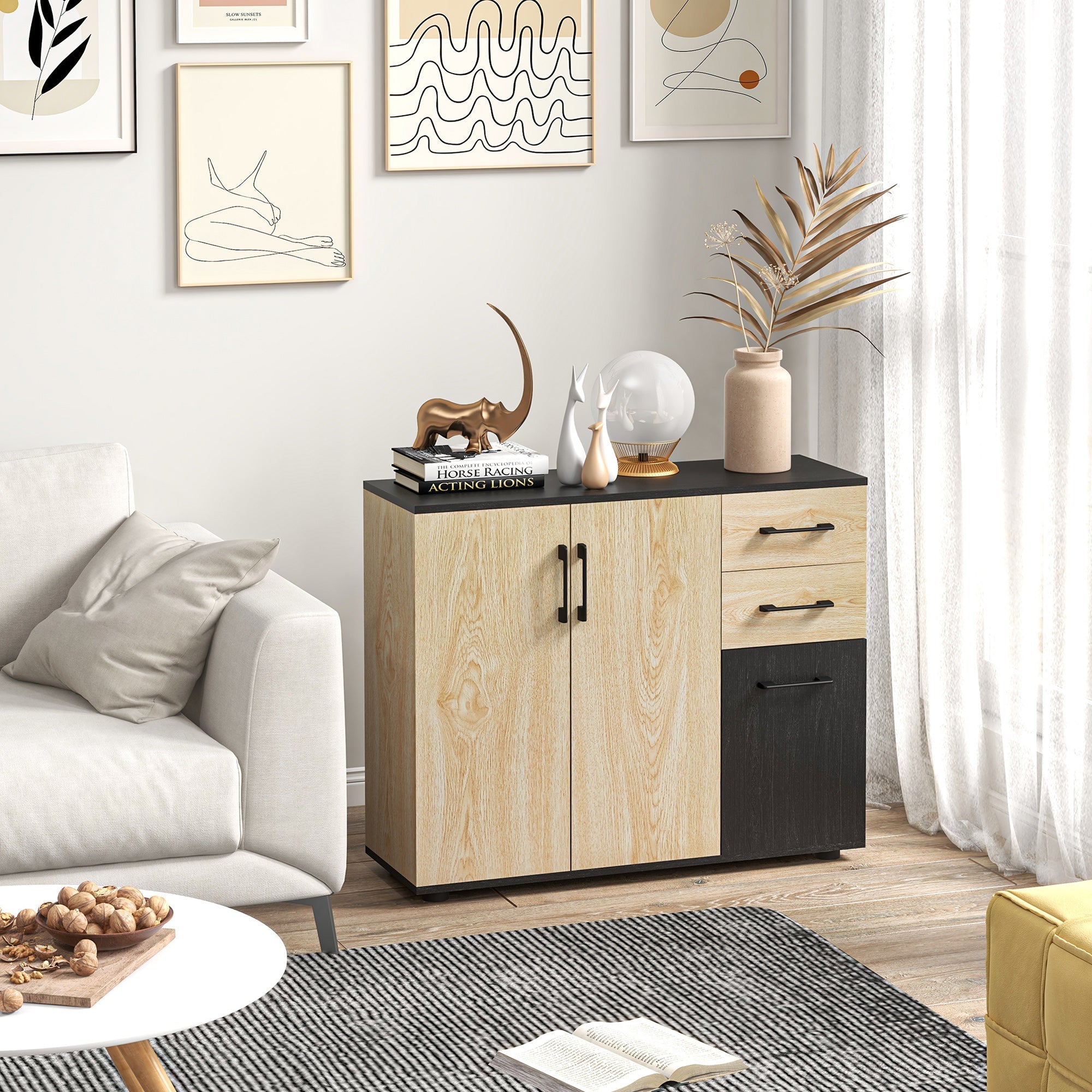 HOMCOM Contemporary Chic Storage: Freestanding Sideboard Cabinet, 3 Doors, 2 Drawers, Adjustable Shelf, Walnut Black Finish