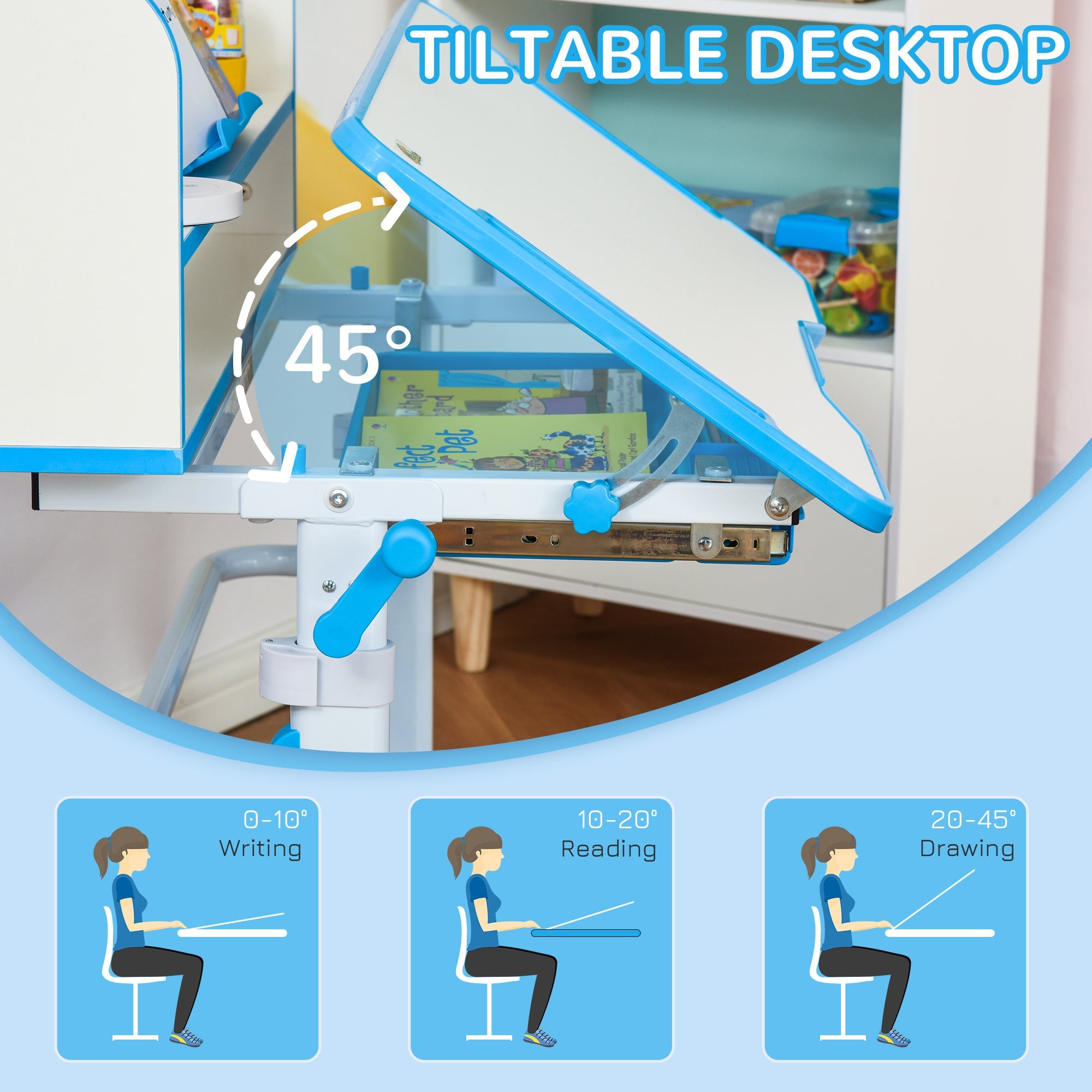 Qaba Kids Adjustable Desk and Chair Set with LED Light Bookshelf Drawer for Student Study Blue