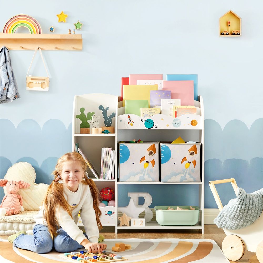 SONGMICS Kids Toy and Book Organizer with 2 Fabric Storage Bins