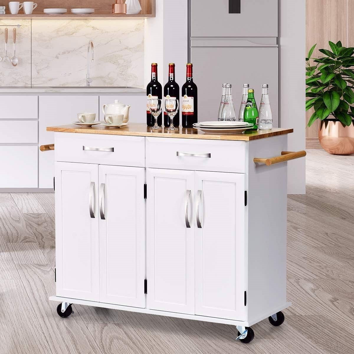 White Kitchen Cart Island with Wood Top 2 Drawers and Bottom Storage Cabinet - Free Shipping