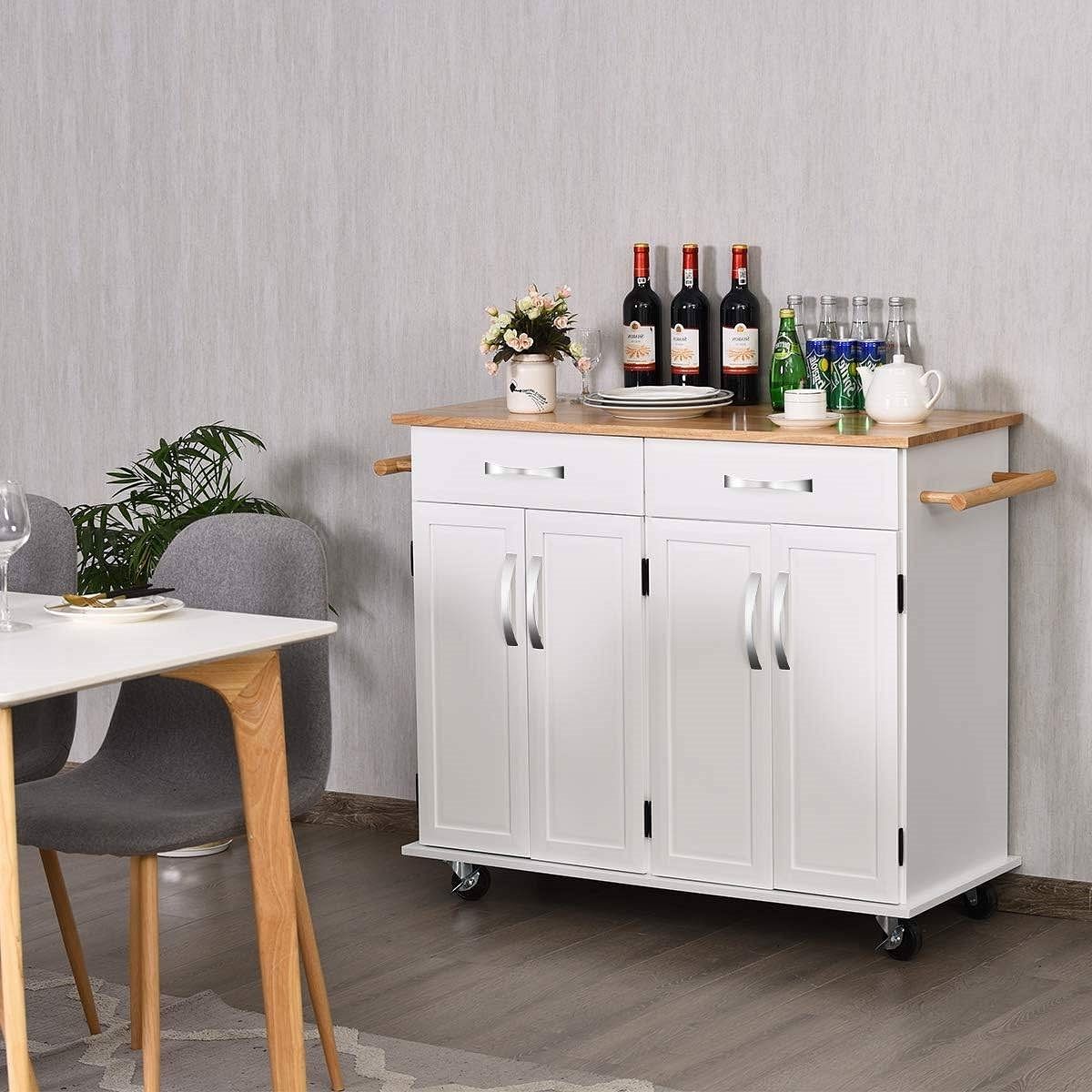 White Kitchen Cart Island with Wood Top 2 Drawers and Bottom Storage Cabinet - Free Shipping