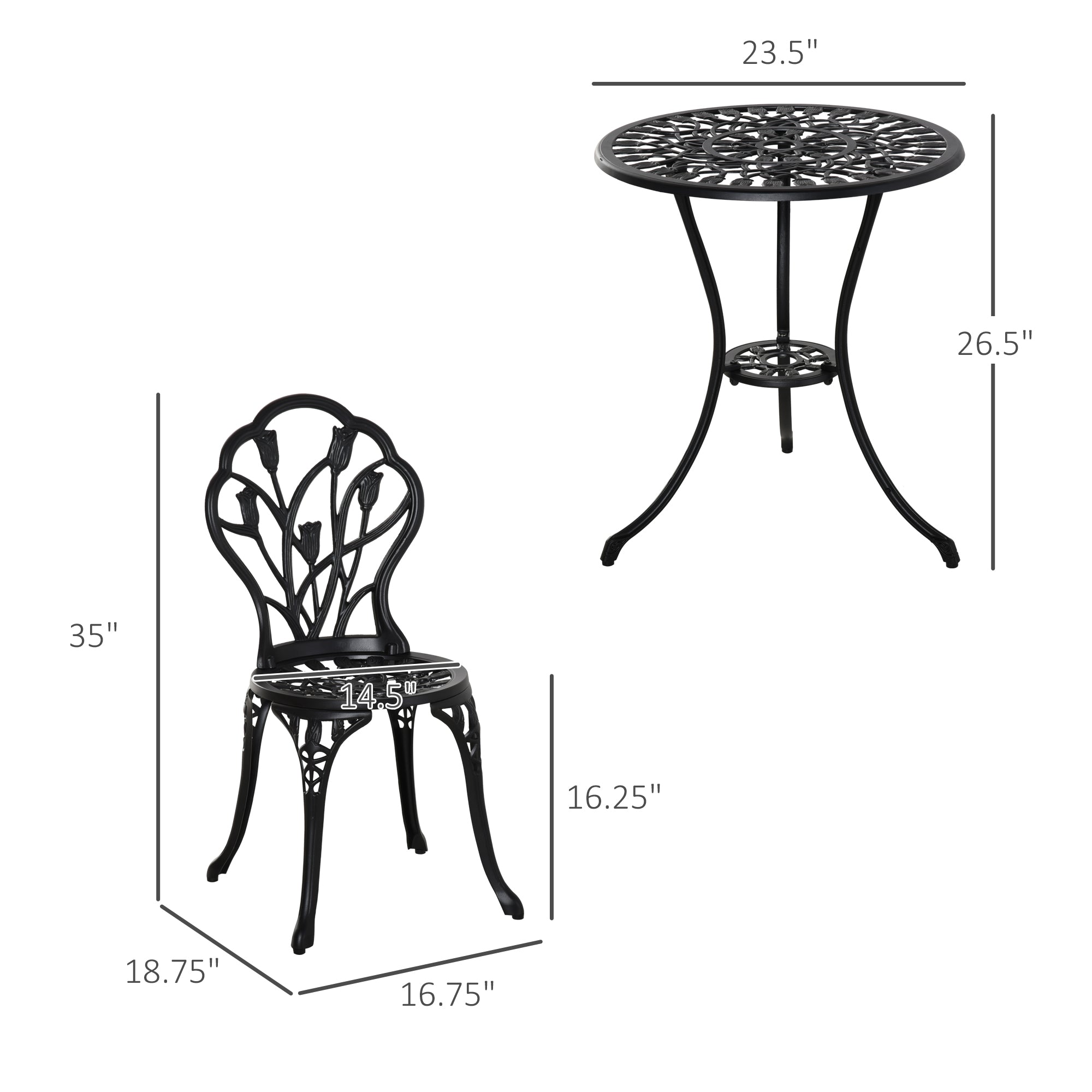 Outsunny Patio Bistro Set 3pc Cast Aluminum Outdoor Furniture with Umbrella Hole Garden Table & Chairs Black