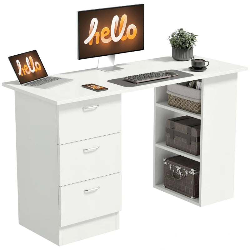 Computer Desk, 47" Writing Table with 3-Tier Shelves and 3 Reversible Drawers for Home Office, Bedroom, White