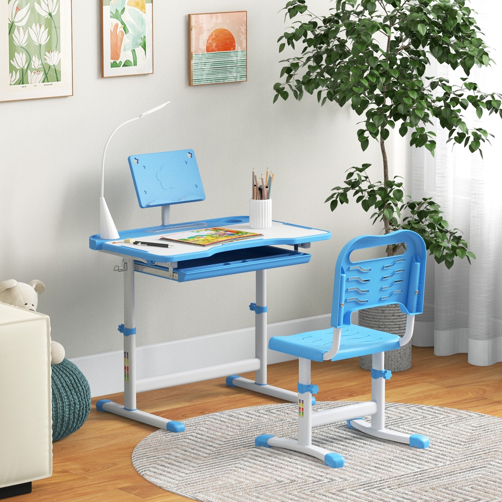 Qaba Kids Desk and Chair Set Height Adjustable Student Writing Desk Children School Study Table with Tilt Desktop, Blue