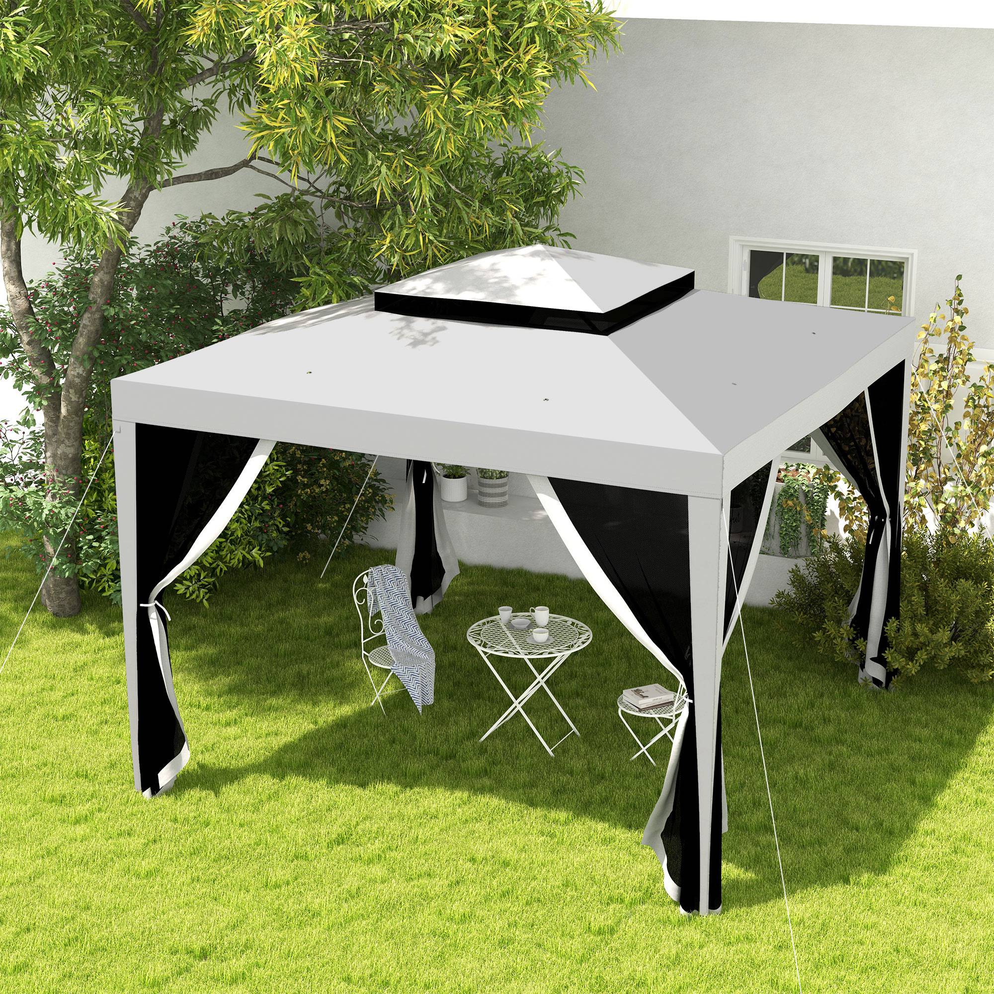 Outsunny Outdoor Canopy Tent Party Tent 10'x10' with Mesh Netting Double Tier Roof Backyard Garden Patio Light Grey