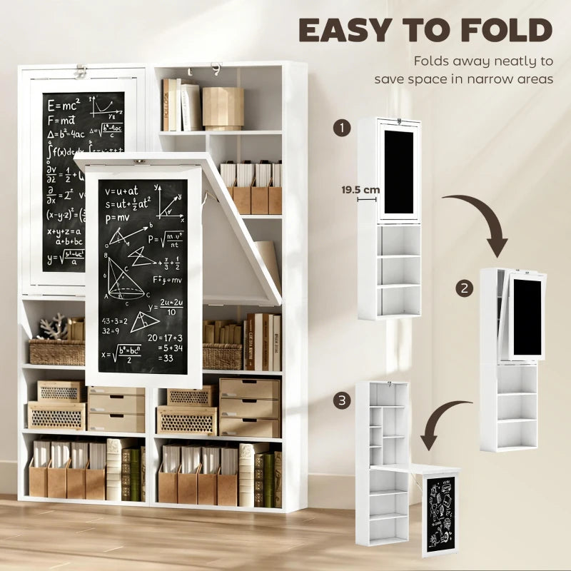Wall Mounted Fold-Out Convertible Office Desk with Storage Shelves & Blackboard – White