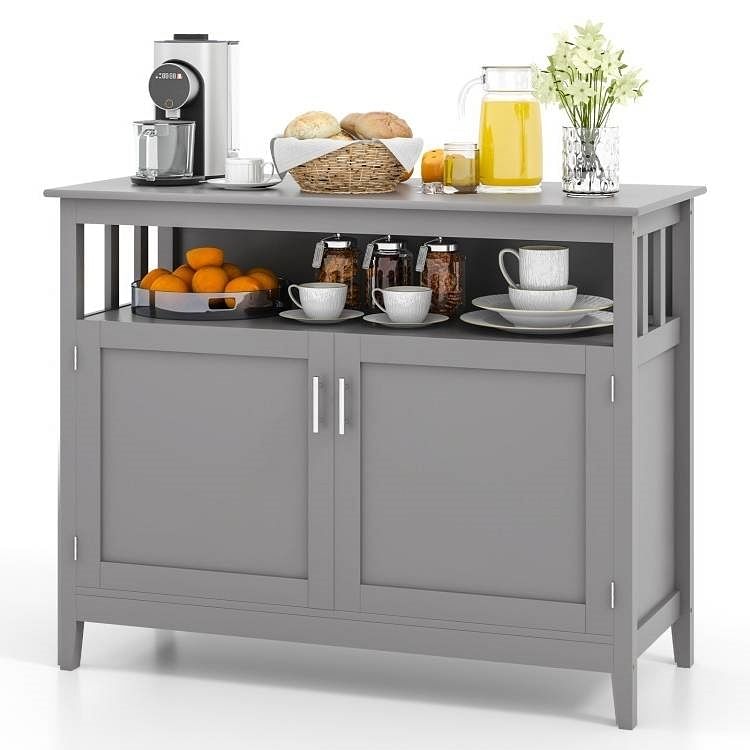 Grey Wood 2-Door Dining Buffet Sideboard Cabinet with Open Storage Shelf - Free Shipping