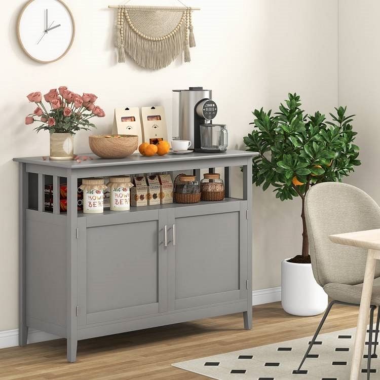 Grey Wood 2-Door Dining Buffet Sideboard Cabinet with Open Storage Shelf - Free Shipping