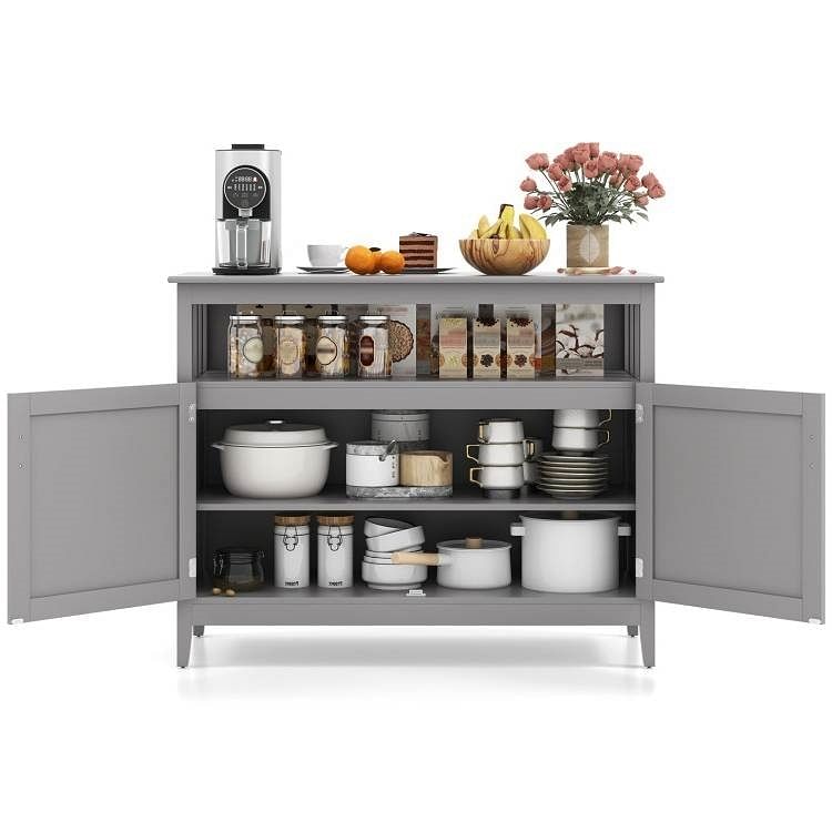 Grey Wood 2-Door Dining Buffet Sideboard Cabinet with Open Storage Shelf - Free Shipping