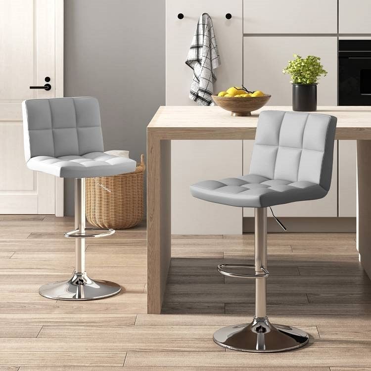 Set of 2 Modern Adjustable Height Barstools w/ Comfortable Grey PU Leather Seat - Free Shipping