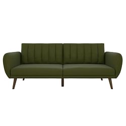 Green Linen Upholstered Futon Sofa Bed with Mid-Century Style Wooden Legs - Free Shipping