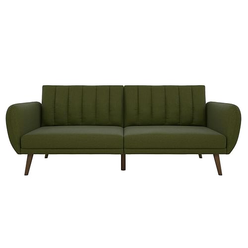 Green Linen Upholstered Futon Sofa Bed with Mid-Century Style Wooden Legs - Free Shipping