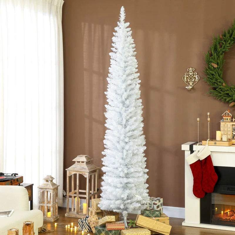 7.5ft Christmas Tree with Colourful DIY Synchronized LEDs, Hinged Pencil Xmas Tree with Remote, Daily Timer, White