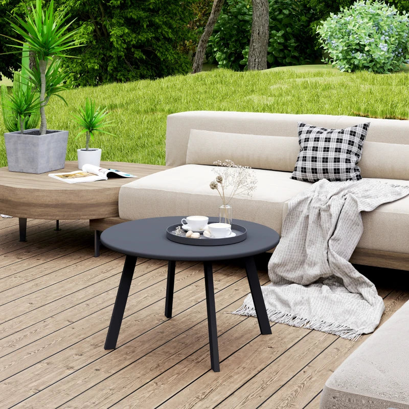 Round Outdoor Side Table, Patio Coffee Table with Metal Frame and Non-Slip Foot Pads, Black