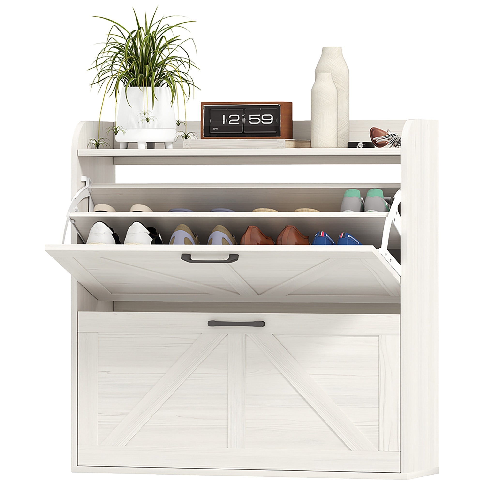 HOMCOM Narrow Shoe Storage Cabinet, Farmhouse Slim Shoe Cabinet with 2 Flip Drawers, Adjustable Shelves, Oak White