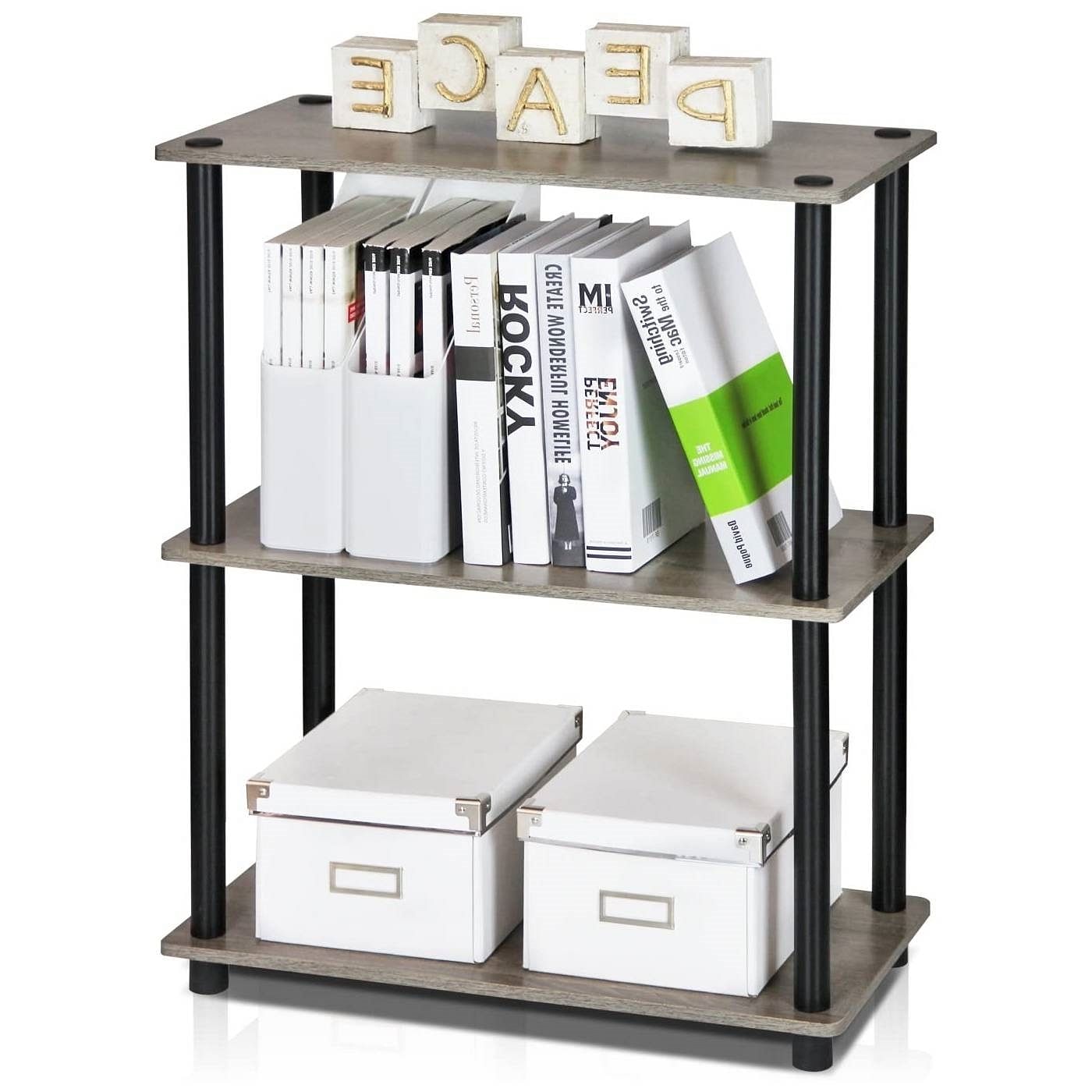 Gray Oak and Black Finish 3-Tier Bookcase - Free Shipping